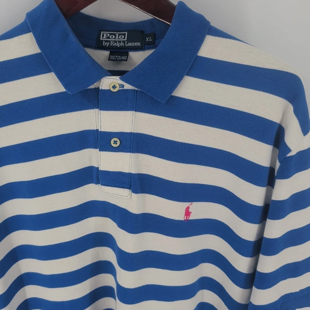 VTG Polo‎ By Ralph Lauren Striped Golf Performance Polo Shirt White Blue Size XL